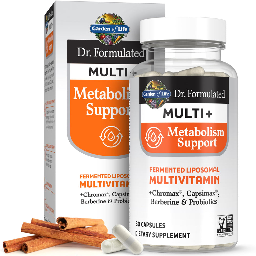 Garden of Life Dr. Formulated Multi+ Metabolism bottle front supports daily nutrient intake.