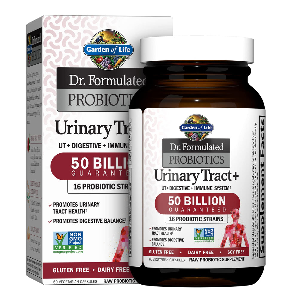 Garden of Life Dr Formulated Urinary Tract+ bottle front shows UT support and wellness.
