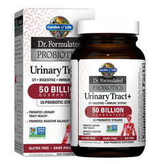 Garden of Life Dr Formulated Urinary Tract+ bottle front shows UT support and wellness.