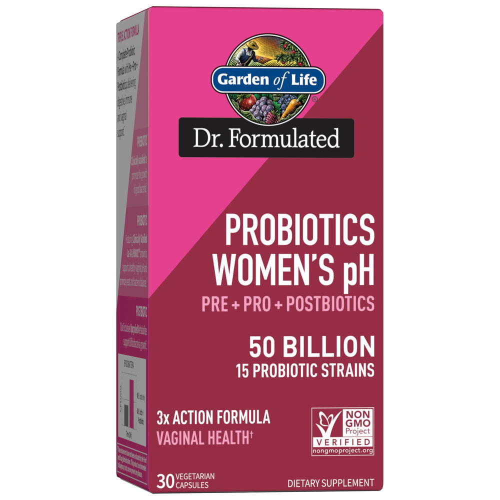 Garden of Life Dr Formulated Women's pH Probiotics bottle with shelf-stable design for daily use.