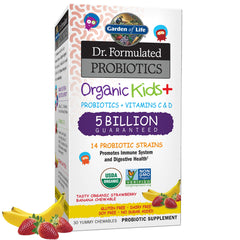 Garden of Life Kids Probiotics bottle featuring Strawberry Banana flavor supports kid-friendly digestive balance.