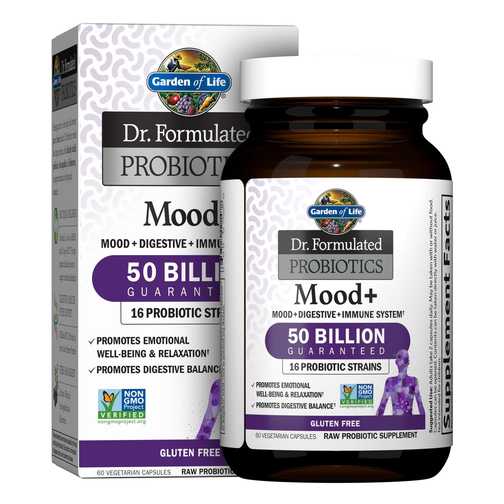 Garden of Life Mood+ bottle front highlighting mood support and digestive balance.