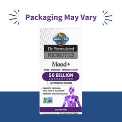 Mood+ capsules close-up showing probiotic blend and herbal formulation.