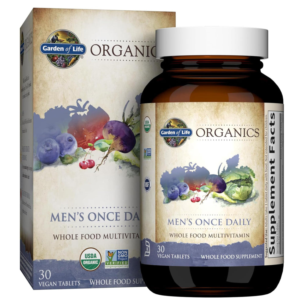 Garden of Life Once Daily Men's Multivitamin tablet close-up for daily energy support.