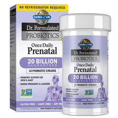 Garden of Life Once Daily Prenatal probiotic label supports prenatal gut balance.
