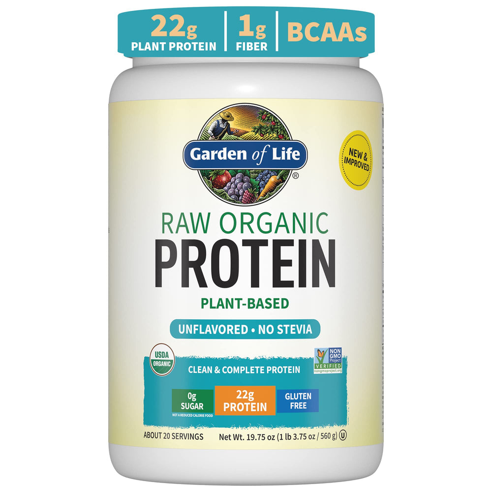 Garden of Life Organic Vegan Protein Powder bottle on shelf highlights plant-based nutrition