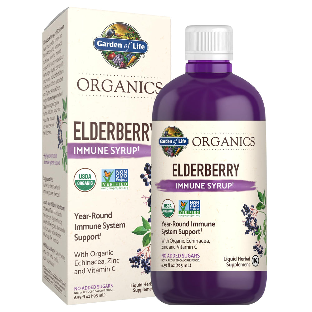 Garden of Life Organics Elderberry Immune Syrup bottle highlights a sugar-free option for families