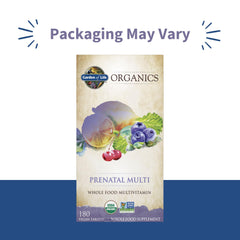 Garden of Life Organics Prenatal tablets close-up illustrating easy-to-digest plant-based formula.