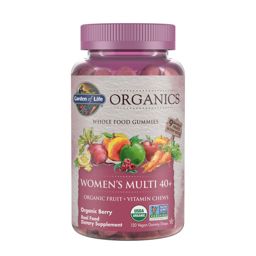 Garden of Life Organics Women 40+ Gummies bottle, berry flavor for daily wellness.