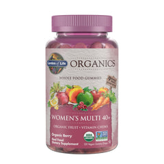 Garden of Life Organics Women 40+ Gummies bottle, berry flavor for daily wellness.