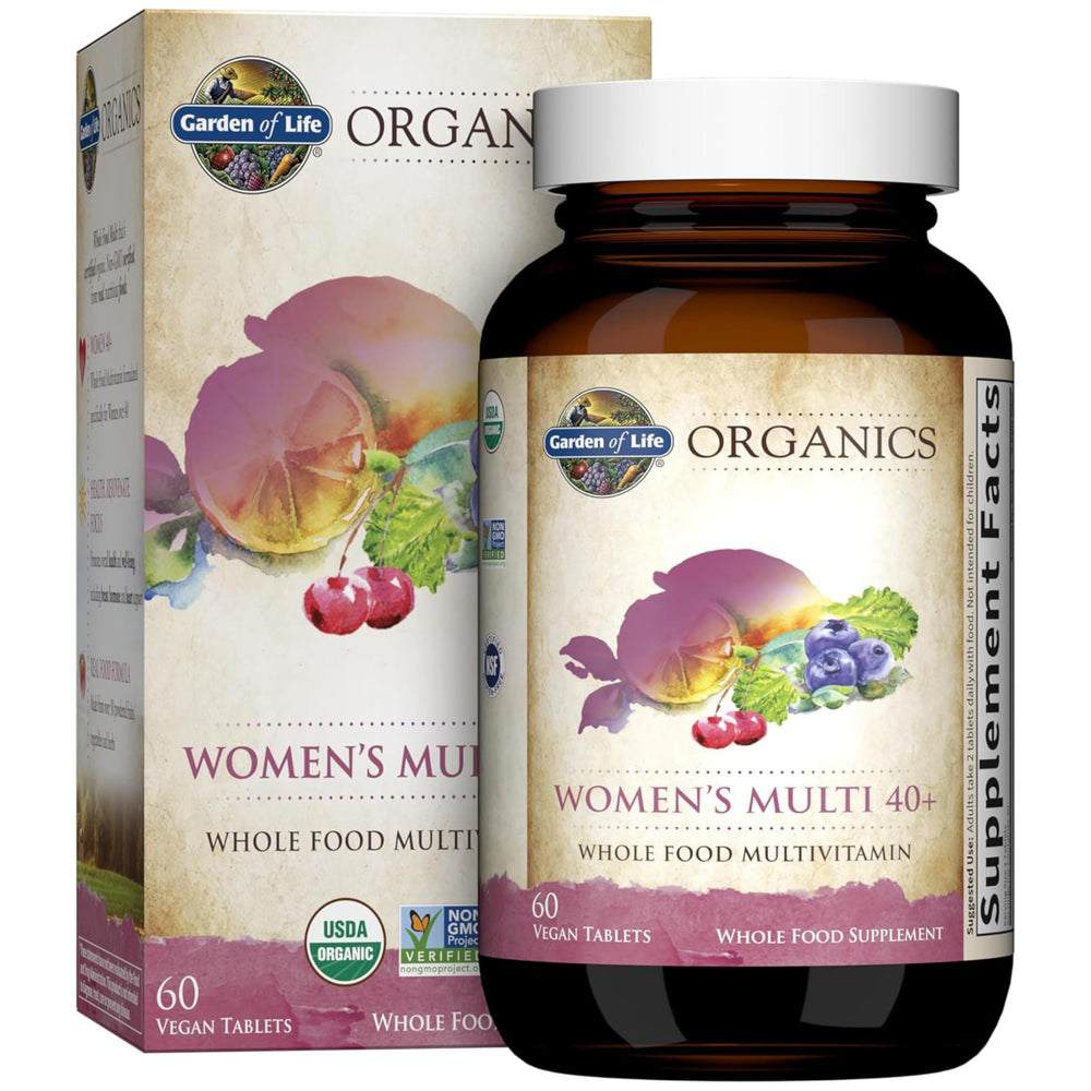 Garden of Life Organics Women 40+ multivitamin bottle for energy and metabolism support.