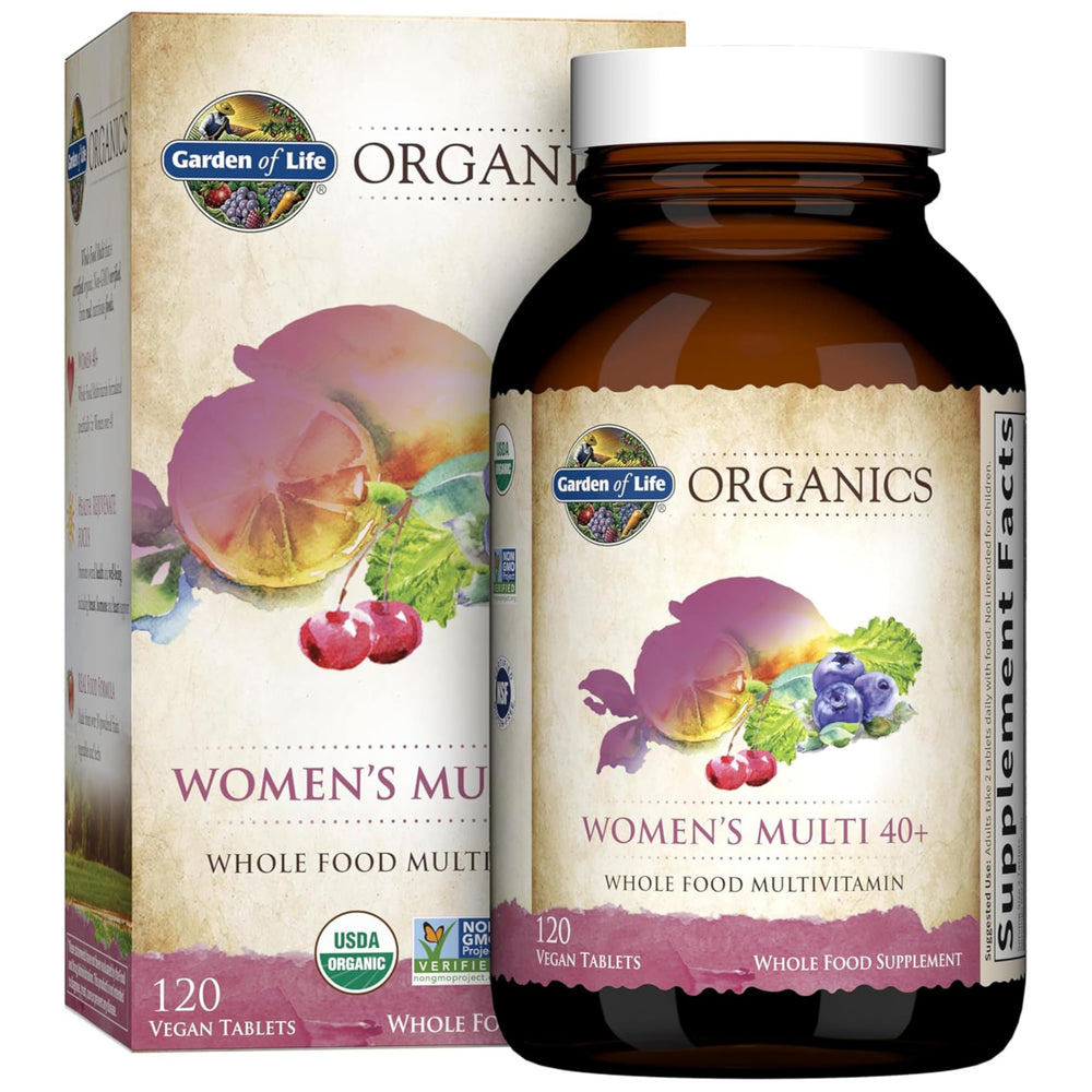 Garden of Life Organics Women 40+ multivitamin bottle shows vegan, organic nutrition for daily energy