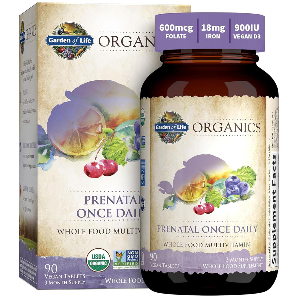 Garden of Life Prenatal bottle label showing organic and vegan status.