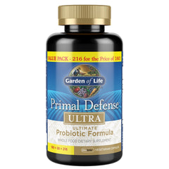 Garden of Life Primal Defense Ultra bottle closeup highlighting probiotic formula.
