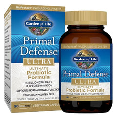 Garden of Life Primal Defense Ultra bottle front showing label; supports gut balance.