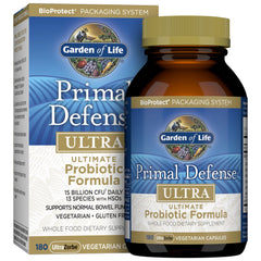Garden of Life Primal Defense Ultra bottle front view for digestive support on the go