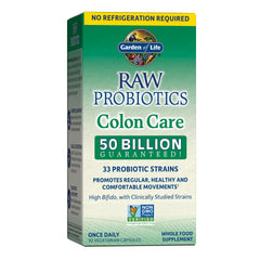 Garden of Life Probiotics Colon Care bottle showcases 50 billion CFU capsules for daily digestive support.