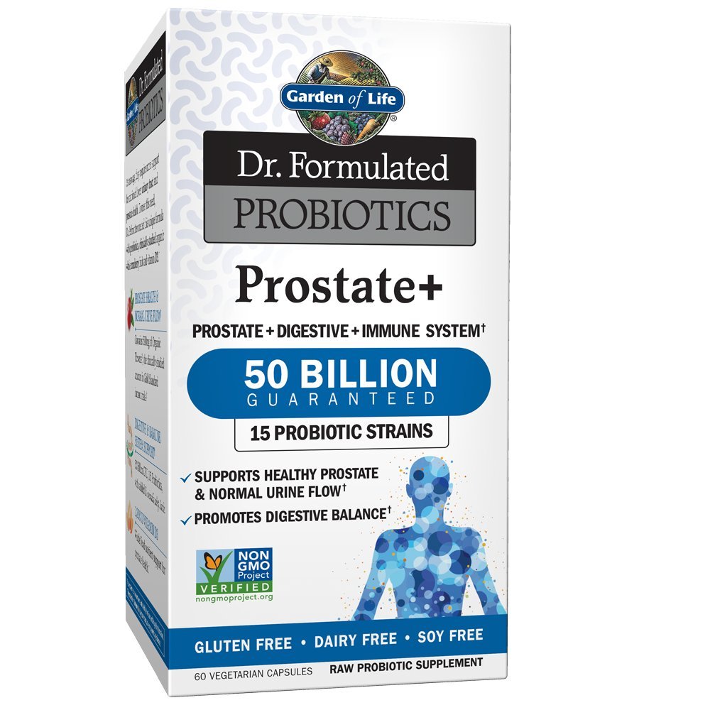 Garden of Life Prostate+ bottle label showing 50 Billion CFU and 15 strains.