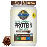 Garden of Life chocolate protein powder scoop showing 22g plant protein per serving