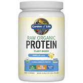 Garden of Life vanilla vegan protein powder tub for a high-protein shake.