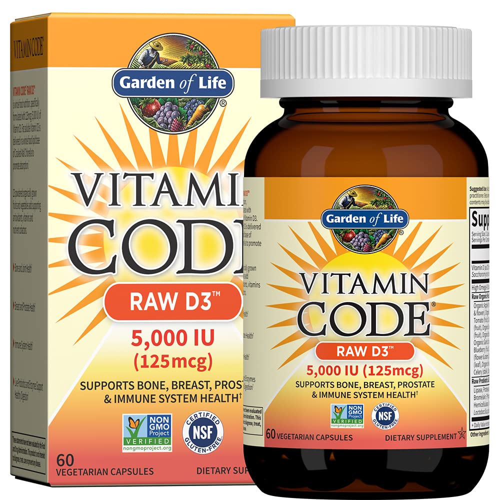 Garden of Life RAW D3 bottle front shows 5000 IU per capsule for immune and bone wellness