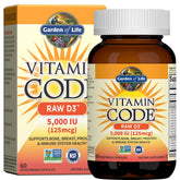 Garden of Life RAW D3 bottle front shows 5000 IU per capsule for immune and bone wellness