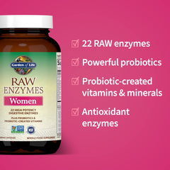 Garden of Life RAW Enzymes Women label detail showing 22 enzymes.