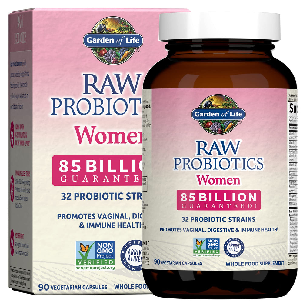 Garden of Life Raw Probiotics for Women bottle front with 85B CFU supports vaginal and digestive health