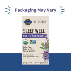 Garden of Life Sleep Well bottle label closeup shows organic, non-GMO certification.