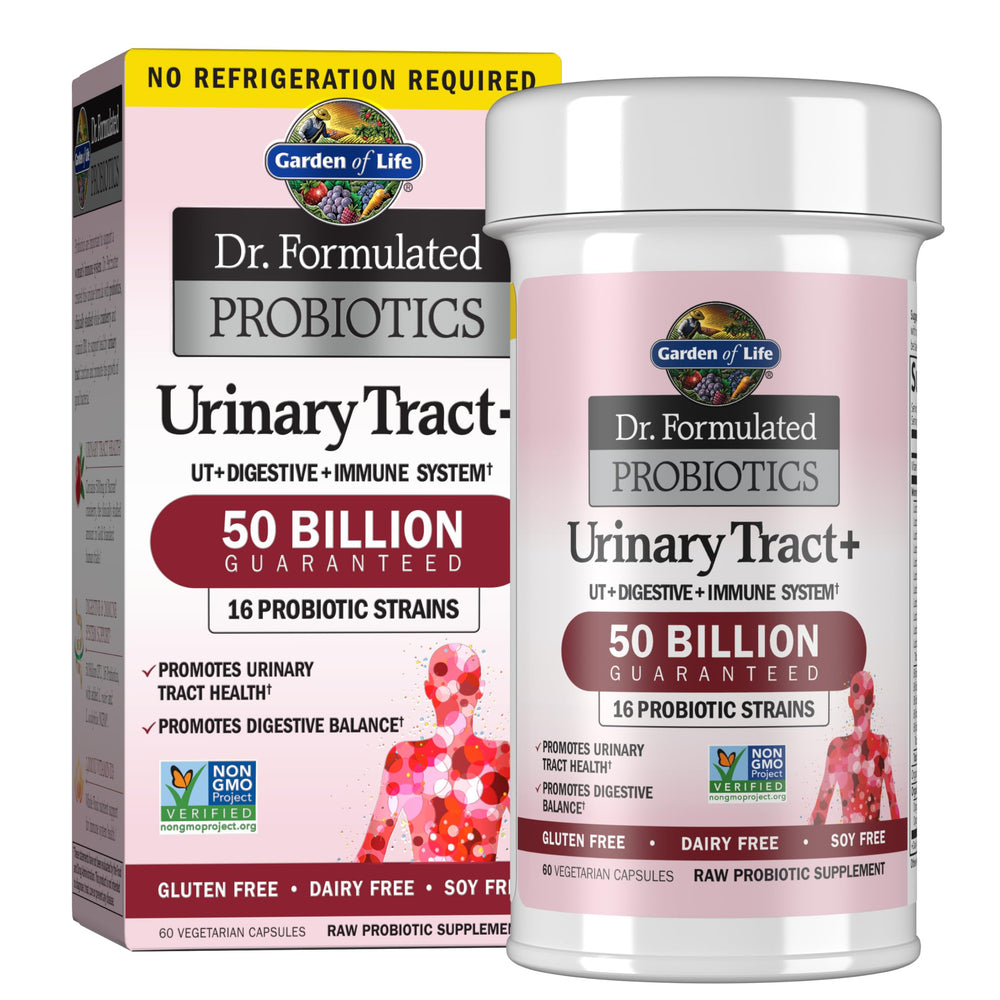 Garden of Life Urinary Tract+ bottle highlights probiotic blend for urinary and digestive balance