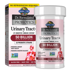 Garden of Life Urinary Tract+ bottle highlights probiotic blend for urinary and digestive balance
