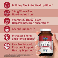 Close-up of Vitamin Code Healthy Blood capsules showing vegan, gentle absorption design.