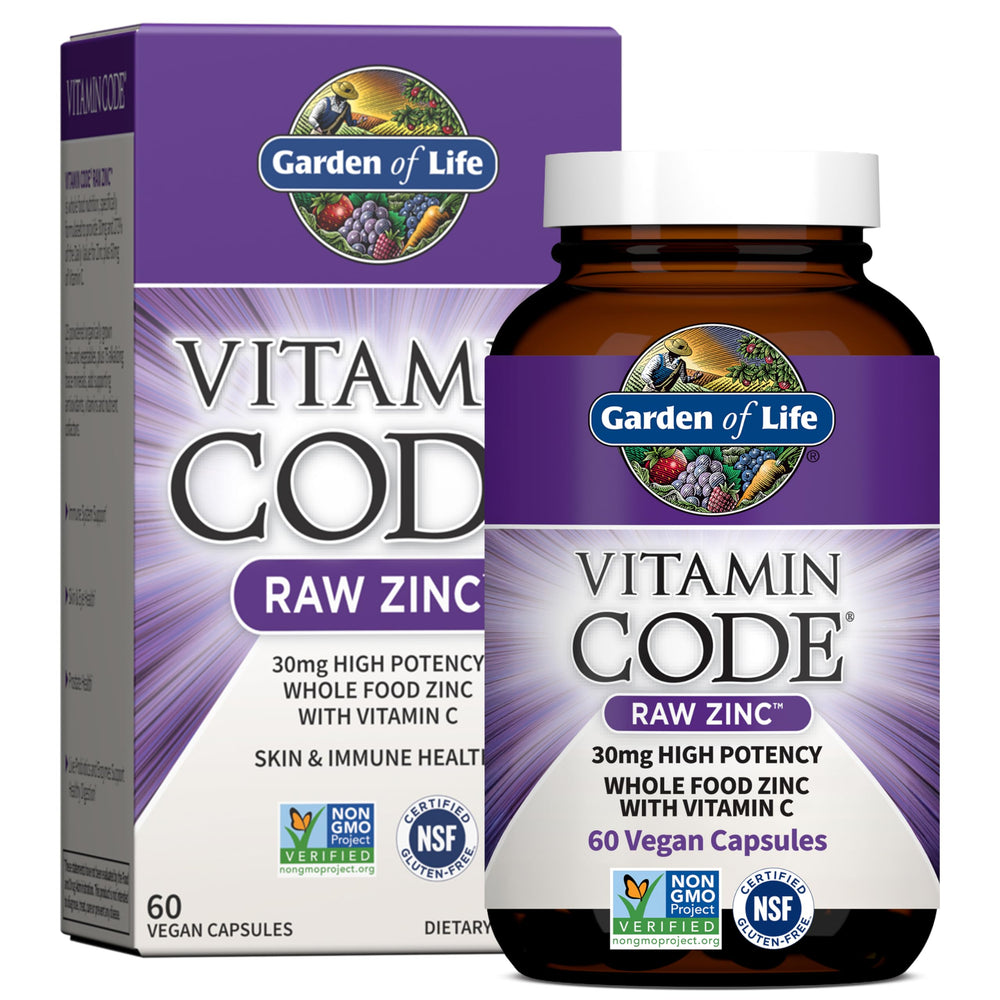 Garden of Life Vitamin Code Raw Zinc bottle with 60 vegan capsules for immune support.