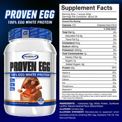 Gaspari Nutrition Proven Egg tub side panel with nutritional facts and protein content.