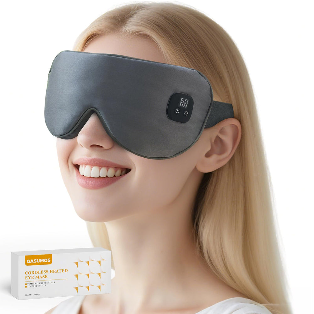 Gasumos Silk Heated Eye Mask cordless closeup shows premium comfort and gentle warmth for tired eyes.