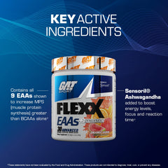 GAT SPORT Flexx EAAs nutrition label highlights ingredients and flavor.