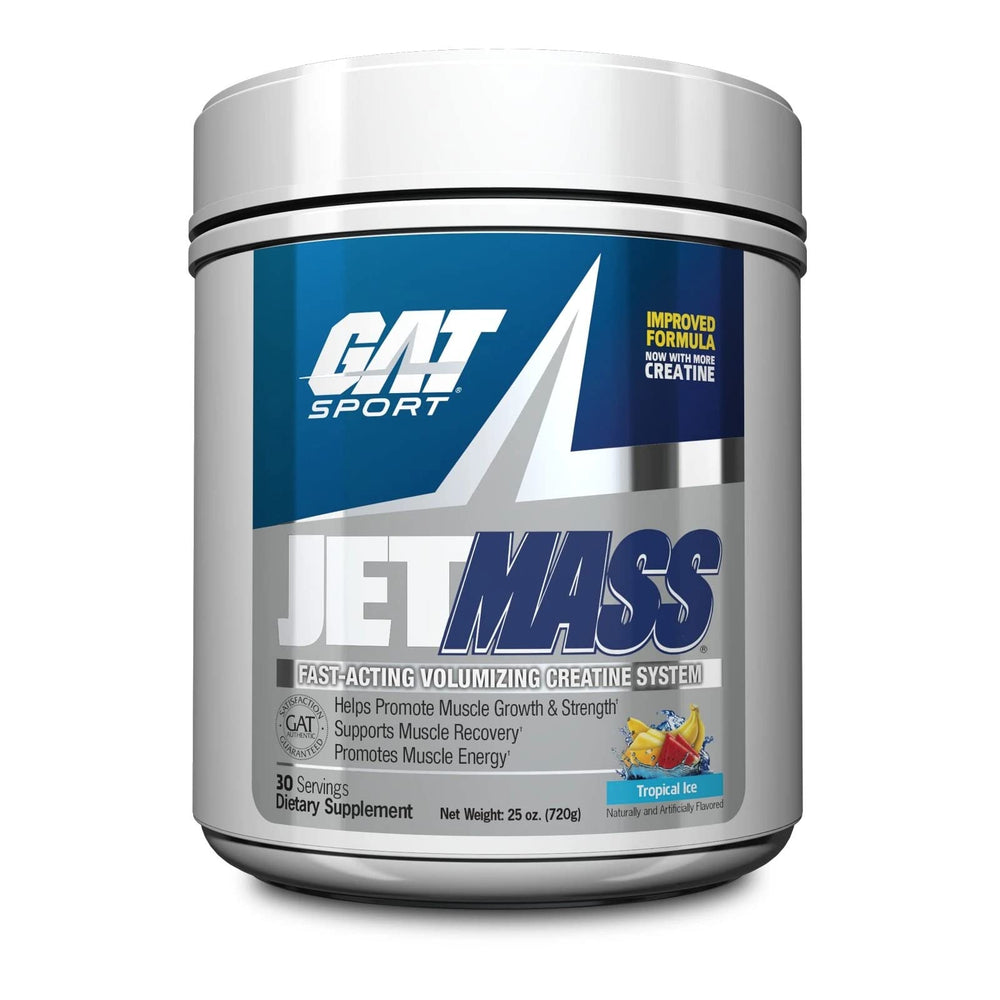 GAT SPORT JetMass tub and label showing tropical ice flavor for workouts.