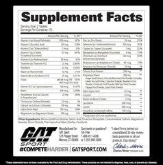 GAT SPORT Men's Multi + Test bottle back with supplement facts and minerals.