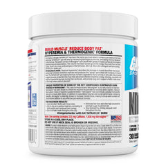 GAT SPORT Nitraflex Burn tub label highlights CaloriBURN and Nitrosigine benefits.