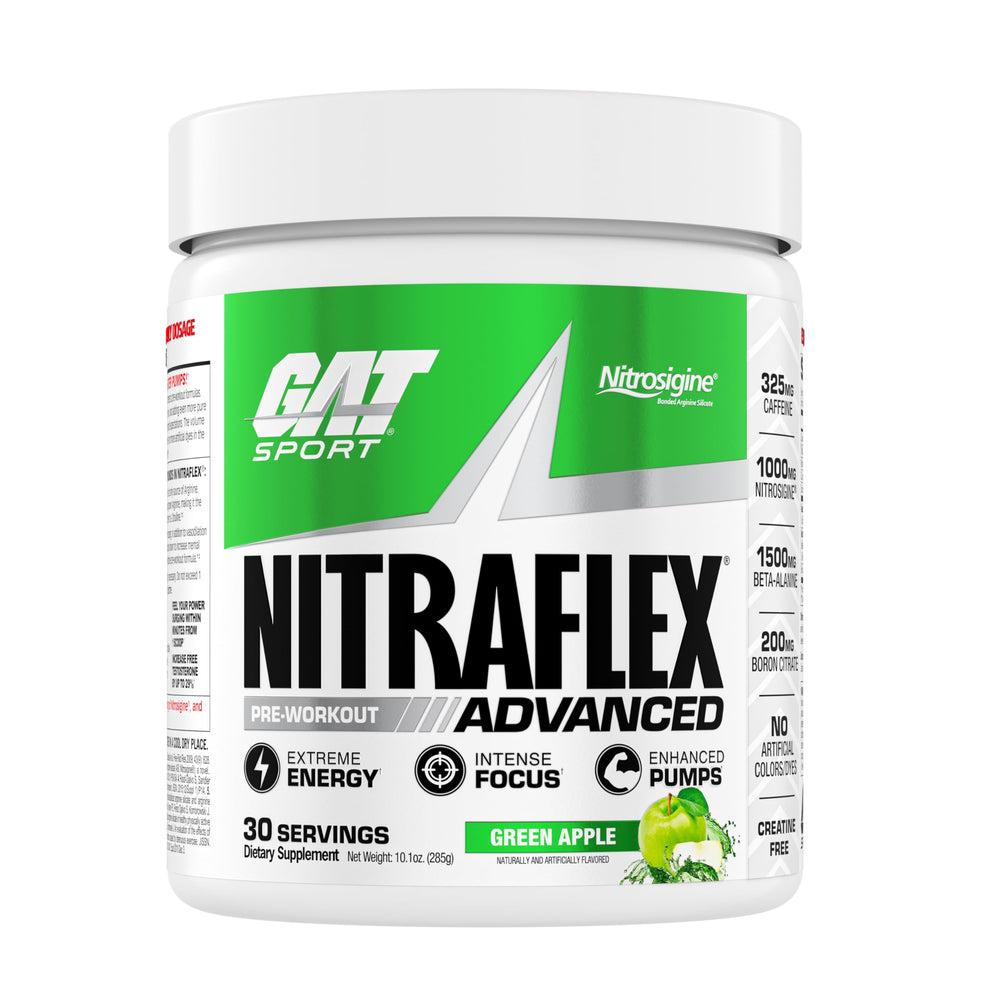 GAT SPORT Nitraflex green apple bottle ready for pre-workout energy.