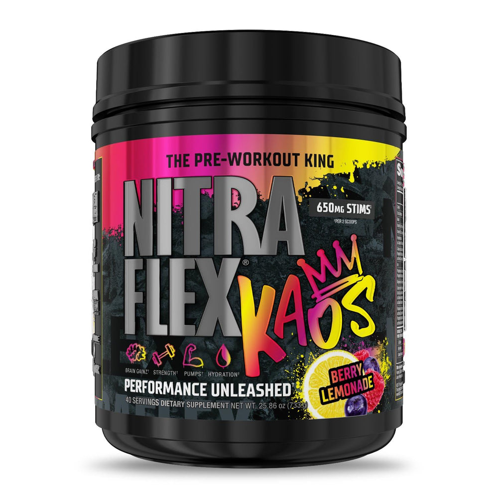 GAT SPORT Nitraflex KAOS Berry Lemonade pack shot highlights energy-boosting formula for workouts
