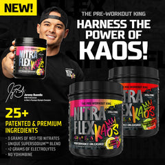 GAT SPORT Nitraflex KAOS White Cherry Lime scoop in shaker ready to power workouts