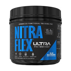 GAT SPORT Nitraflex Ultra blue raspberry bottle ready for intense workouts.