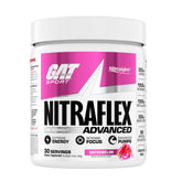 GAT SPORT Nitraflex Watermelon tub shows pre-workout powder for sustained pumps.