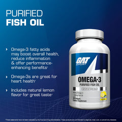 GAT SPORT Omega-3 bottle label shows 800 mg Omega-3 per serving.