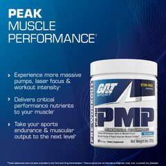 GAT SPORT PMP blue raspberry label close-up showing clean, creatine-free formula.