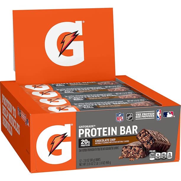 Gatorade Whey Protein Recover Bar chocolate chip on shelf, supports quick post-workout energy