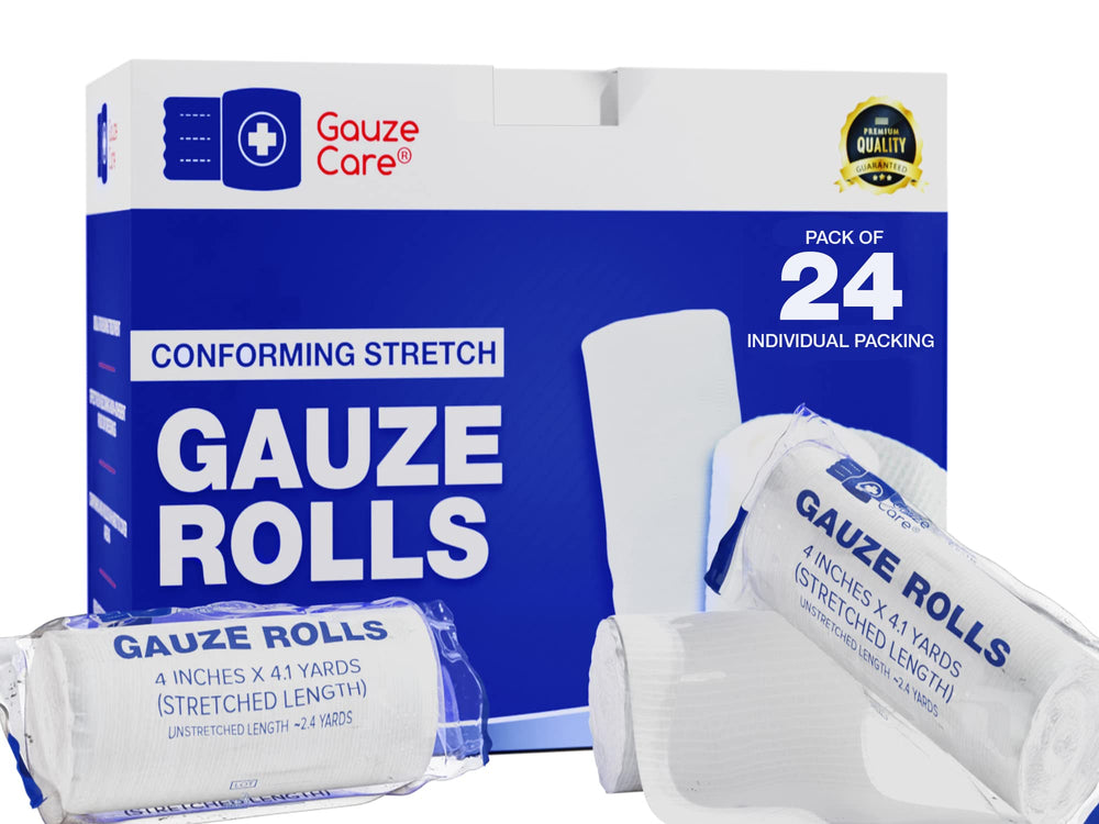 Gauze Care gauze rolls pack—24 durable, lint-free wraps for secure dressings.