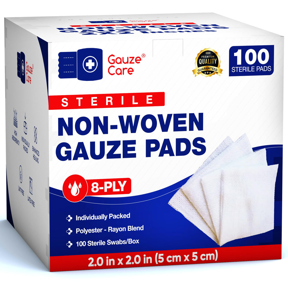 Gauze Care gasa 2x2 esterilizada en caja, ideal para primeros auxilios.