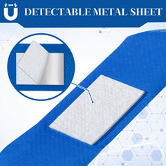Geiserailie blue bandages with metal-detectable strips for quick removal.